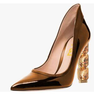 FSJ Brown Pointed Toe Slip On Crystal Gorgeous Three Diamonds High Heel Pumps